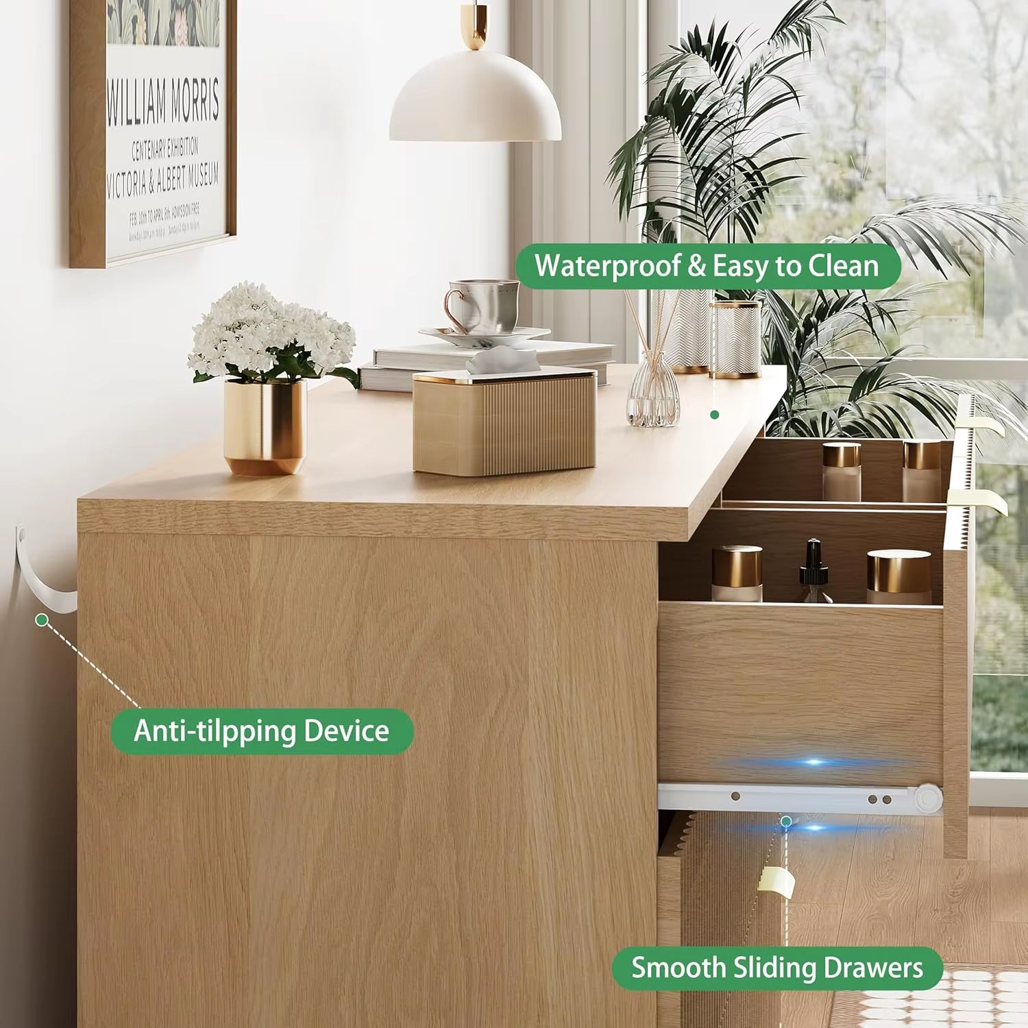 6-Drawer Modern Metal Handle Wooden Dresser TV Stand Wide Natural Oak Fluted Closet Clothes for Living Room Kitchen Extendable