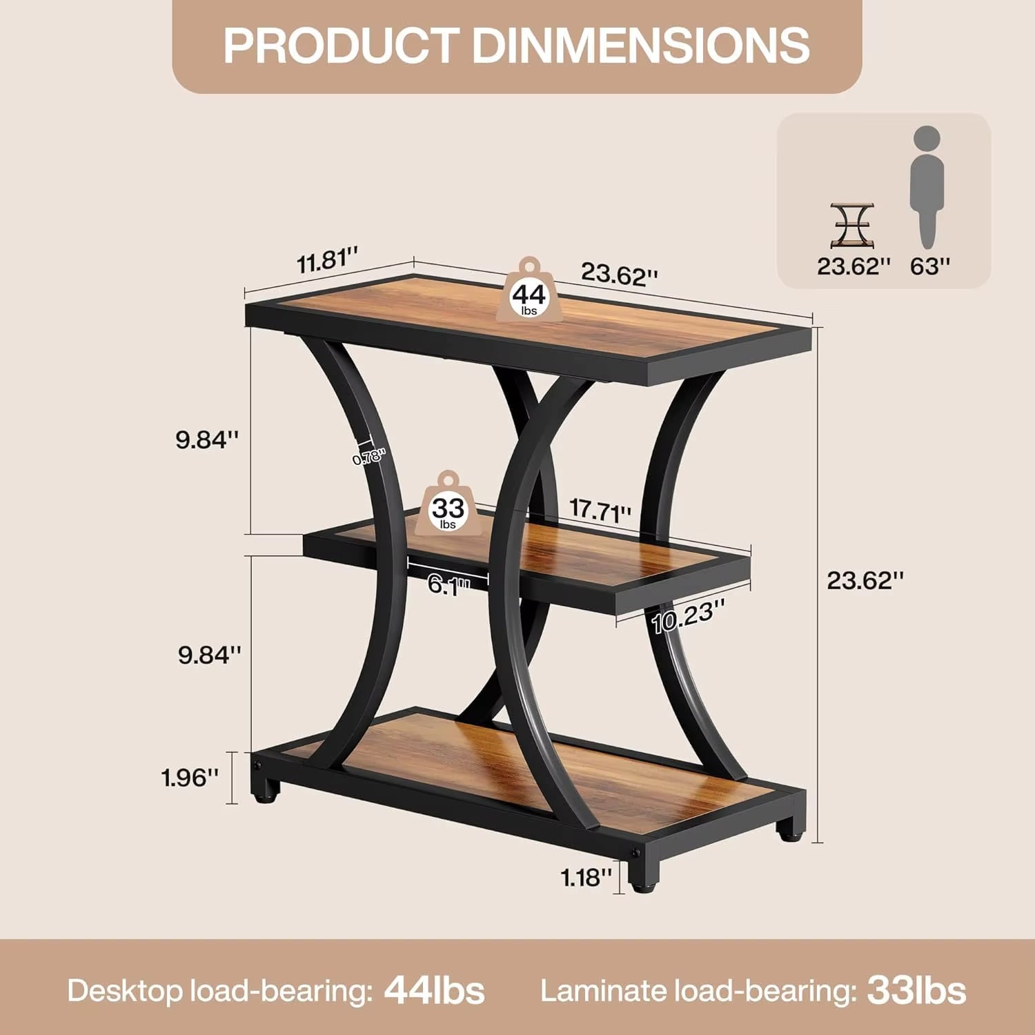 3-Tier Side Tables,Industrial End Tables with MDF Shelf for Living Room Furniture Bedroom Furniture, Home Furniture