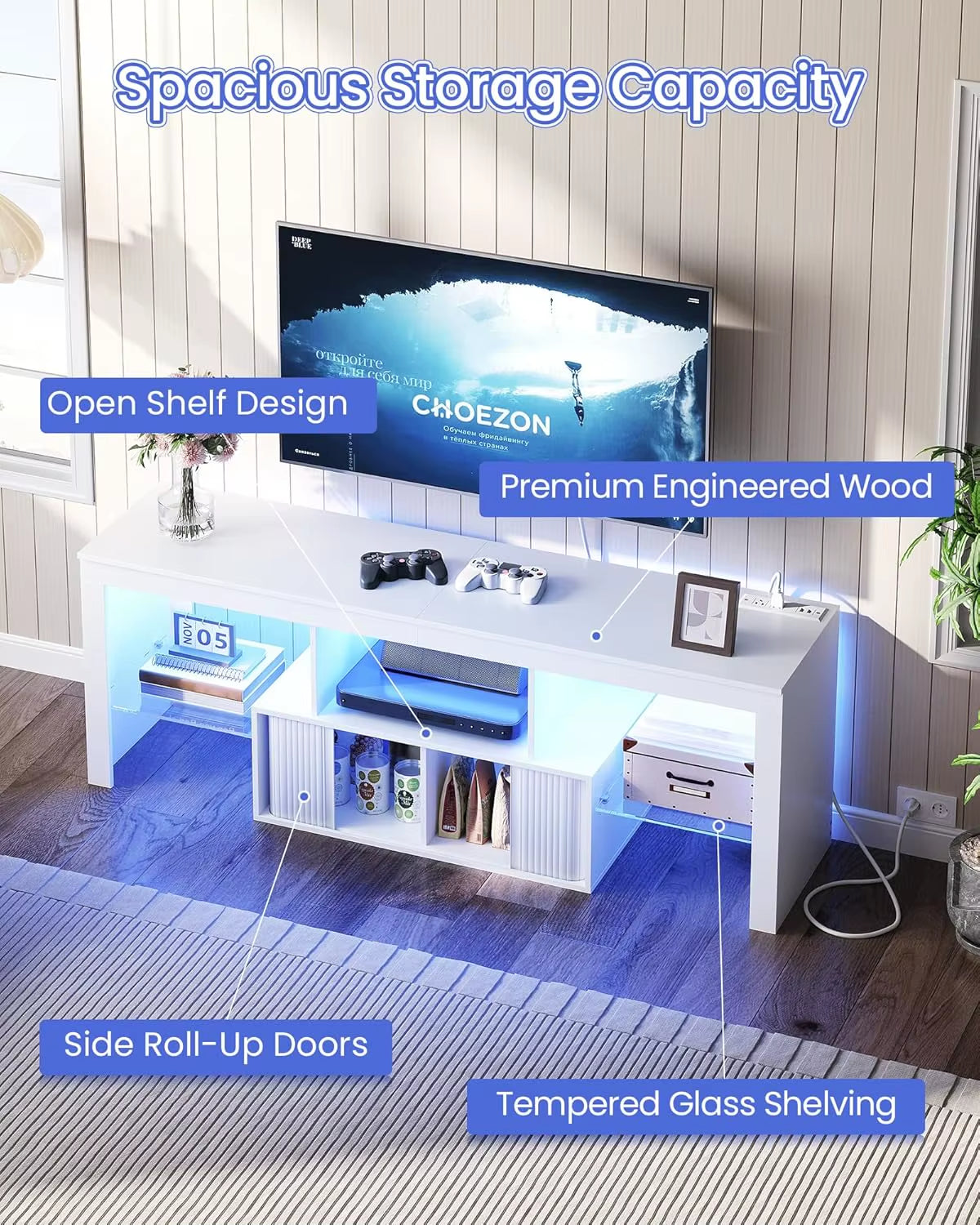 Modern Wooden TV Stand Adjustable Features Power Outlet LED Light Strip Storage for 55-59 Inch Tvs-Living Room
