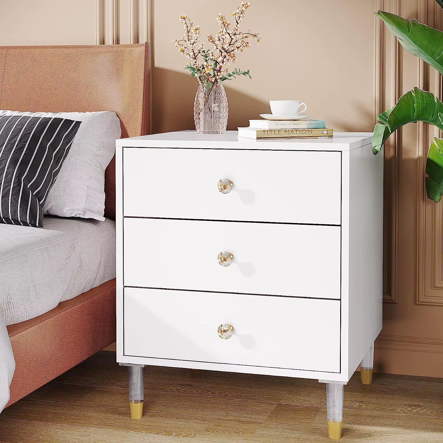 Bedside Table White Night Stand 3 Drawer Bedside Cabinet with Metal round Handles