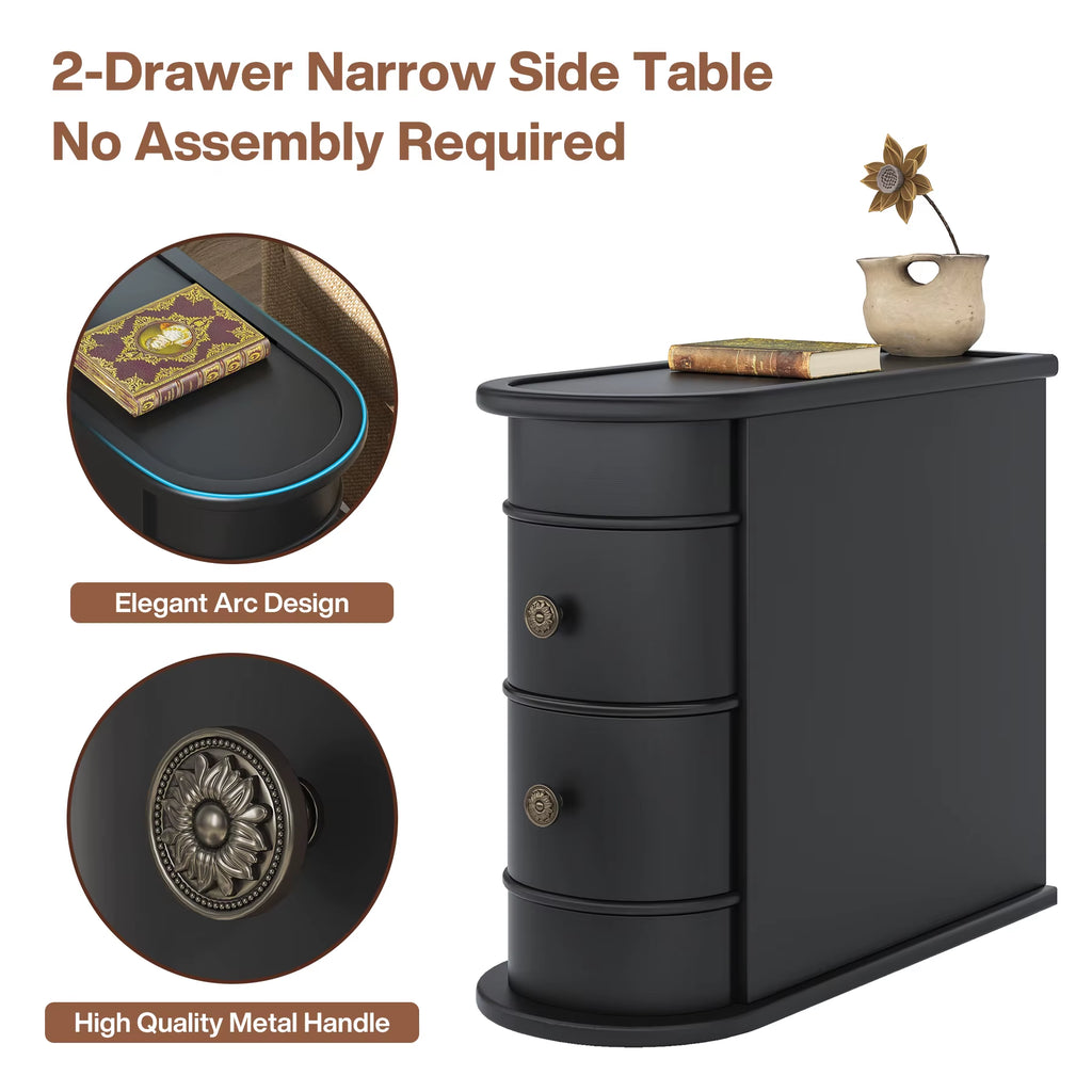 Tribesigns High End Luxury Solid Wood Fully Assemble Narrow 2-Drawers Wooden Small Sofa Black Side Table for Living Room
