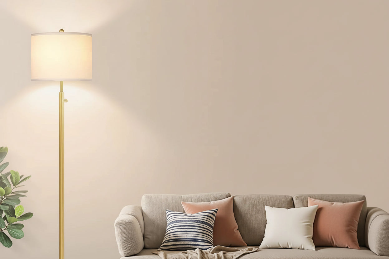 Modern 12W LED Marble Base Floor Lamp White Linen Lampshade Upgrade Vertical Golden High Pole for Living Room Office Daycare