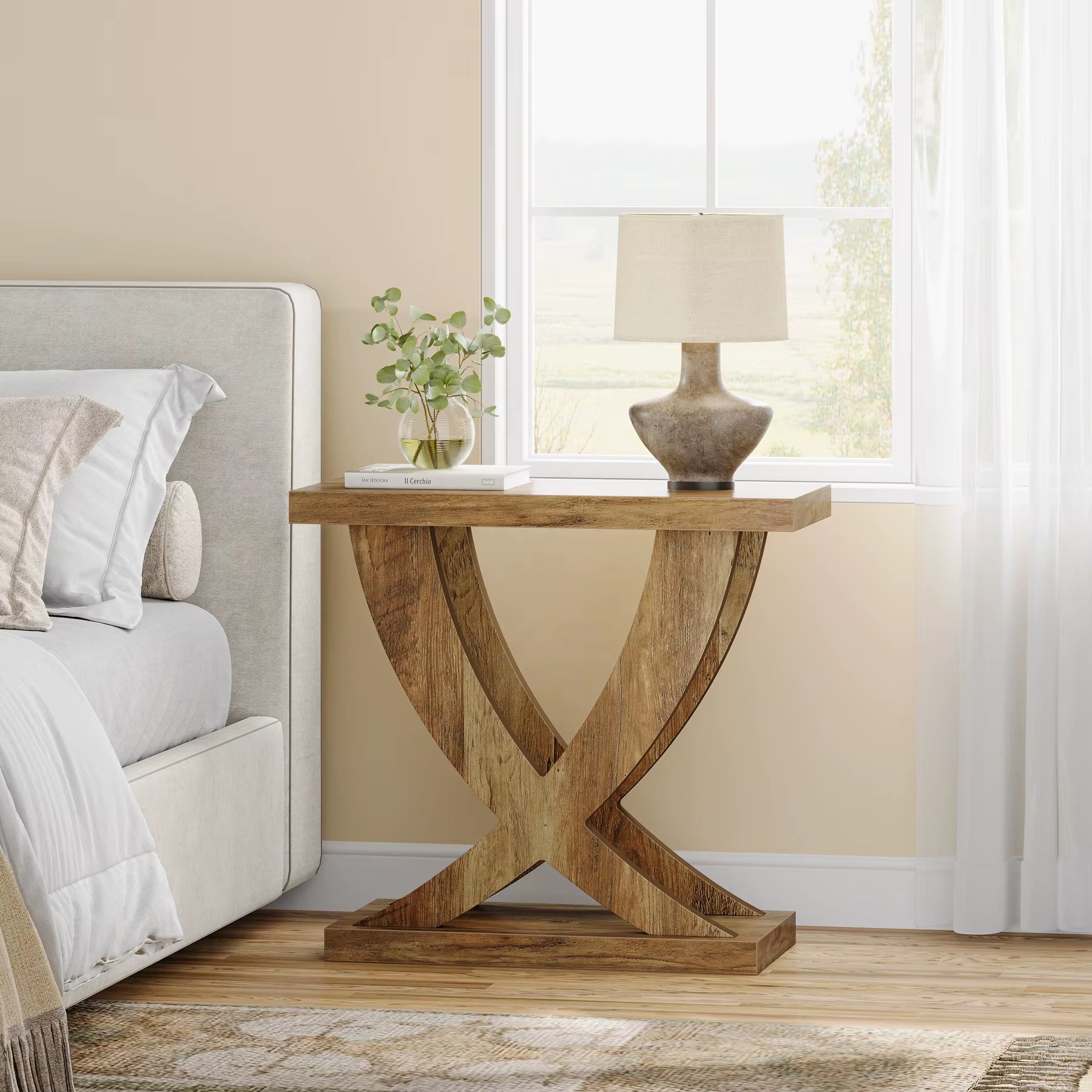 Wood End Side Table for Living Room, Night Stand for Bedroom with Cross Fishtail Support, Farmhouse Nightstand for Small Spaces