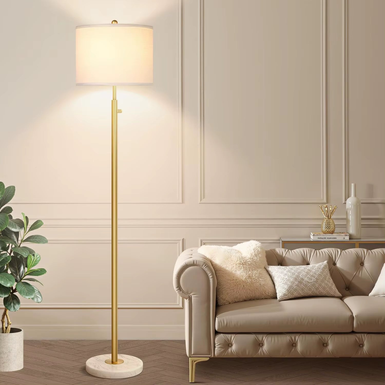 Modern 12W LED Marble Base Floor Lamp White Linen Lampshade Upgrade Vertical Golden High Pole for Living Room Office Daycare