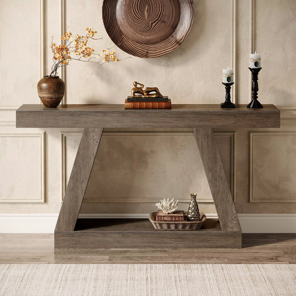 2-Tiers Form Frame Storage Console Table Wooden Designer Side Table for Living Room Entryway Hallway Hotel Grey