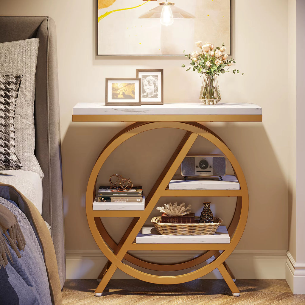 3-Tier Faux Marble Side Table with Storage, Wood Narrow Sofa Side Table Modern Nightstand and Bedside Table for Gold & White