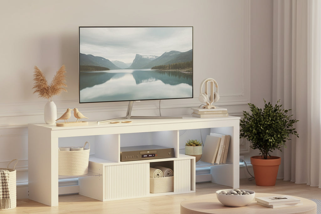 Modern Wooden TV Stand Adjustable Features Power Outlet LED Light Strip Storage for 55-59 Inch Tvs-Living Room