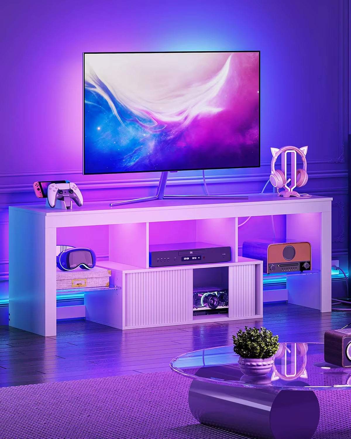 Modern Wooden TV Stand Adjustable Features Power Outlet LED Light Strip Storage for 55-59 Inch Tvs-Living Room