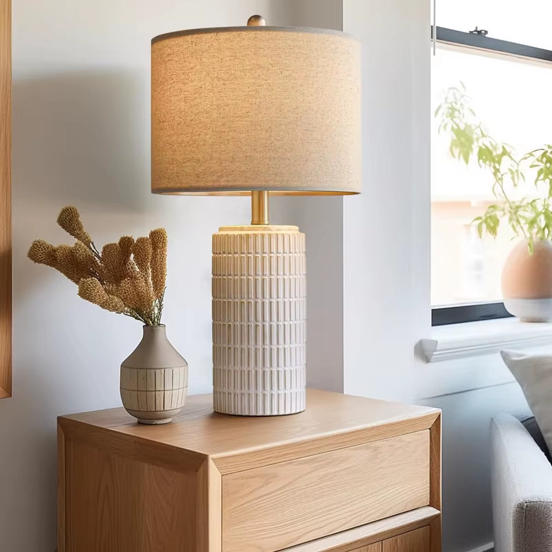 White and Beige Desk Lamp with Glass and Iron Body Farmhouse-Style Bedside Table Lamp for Living Room or Bedroom for Reading