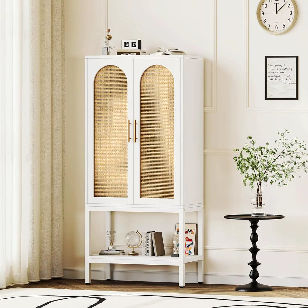 Modern 2-Door Floor Cabinet for Bathroom Living Room White Natural Wood 4-Shelf Adjustable Open Bottom Wash Basin Storage