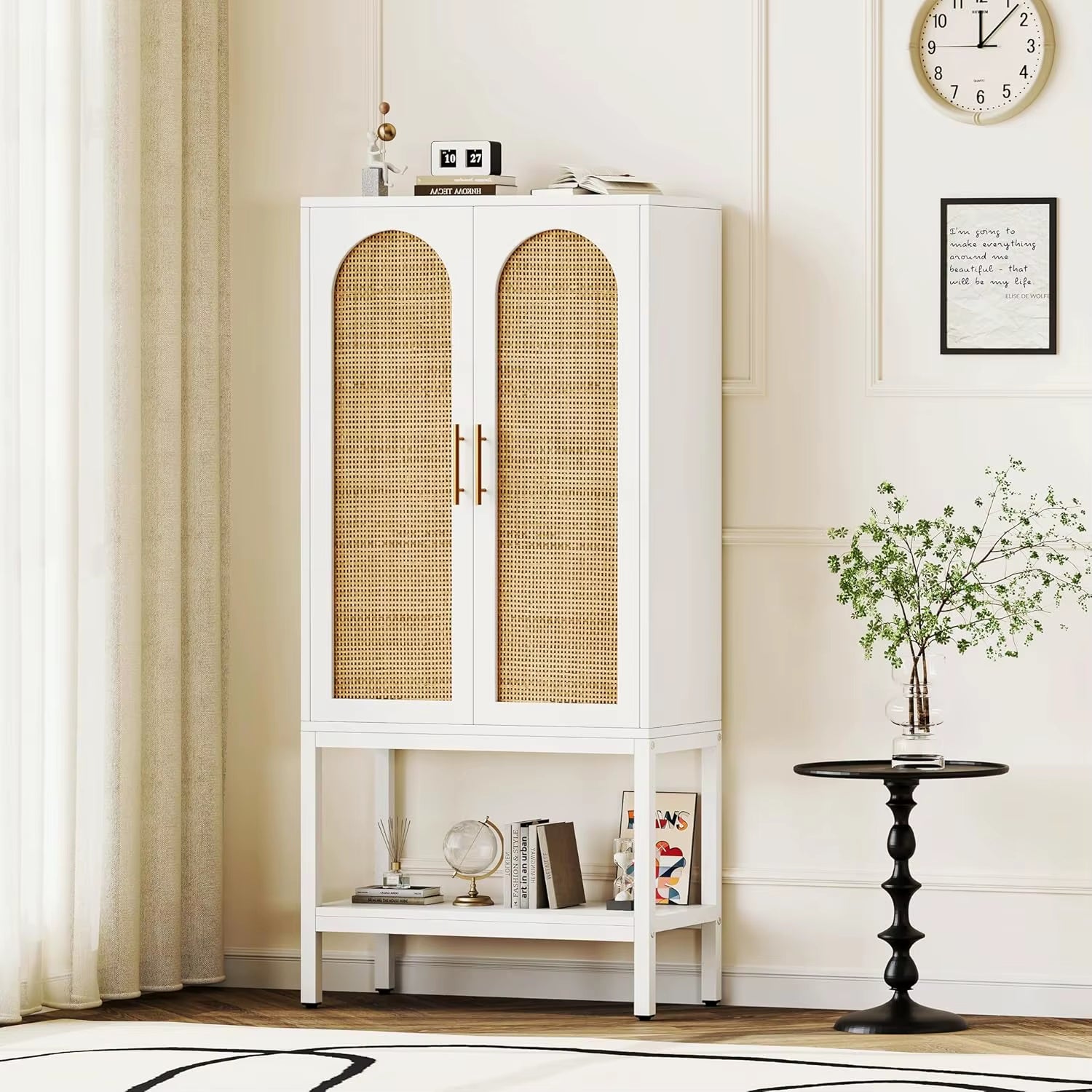 Modern 2-Door Floor Cabinet for Bathroom Living Room White Natural Wood 4-Shelf Adjustable Open Bottom Wash Basin Storage