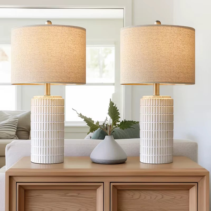 White and Beige Desk Lamp with Glass and Iron Body Farmhouse-Style Bedside Table Lamp for Living Room or Bedroom for Reading