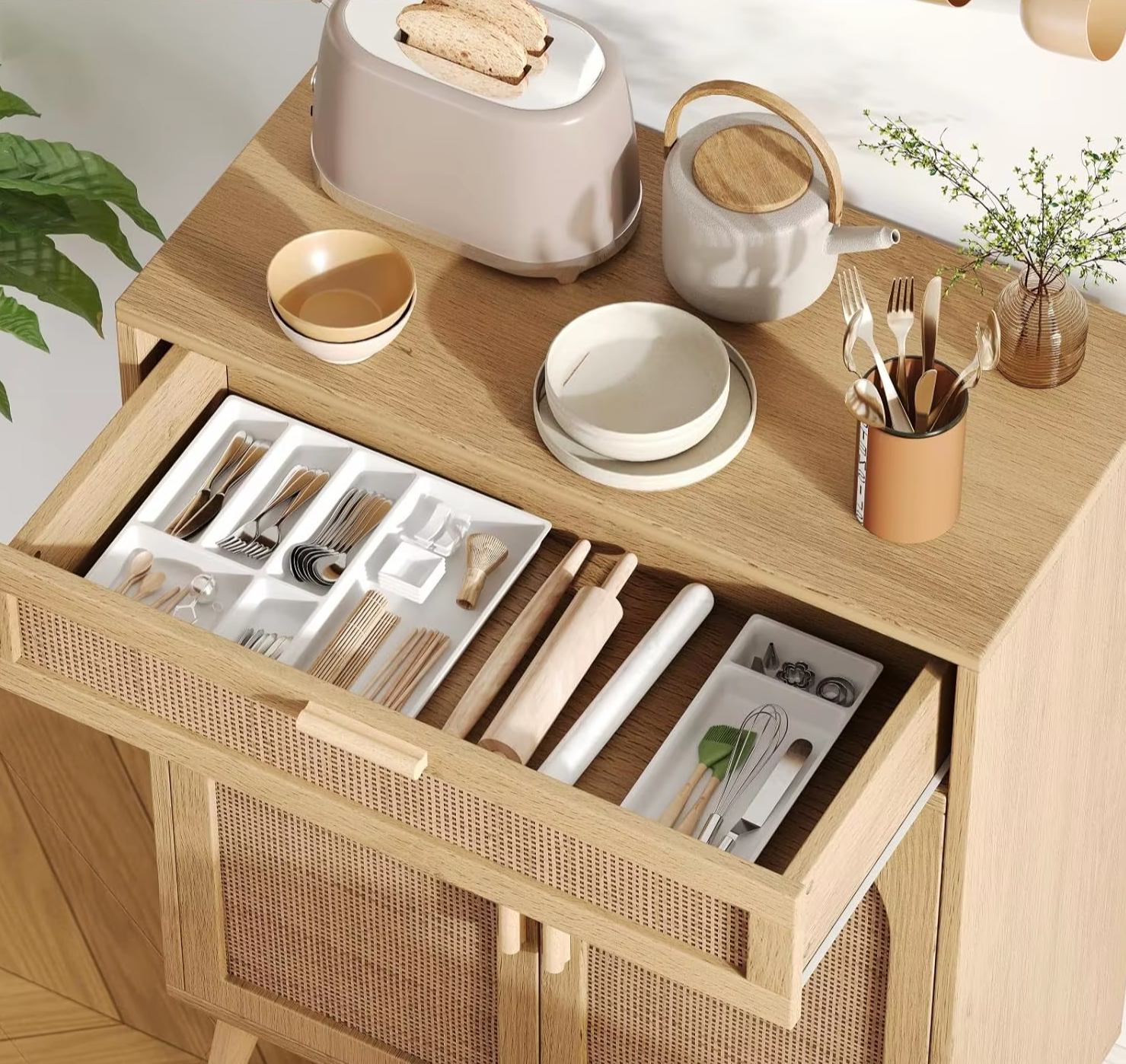 Boho Style Natural Wood Sideboard Cabinet Rattan Accents Coffee Bar Credenzas Accent Drawer for Home Furniture Living Room