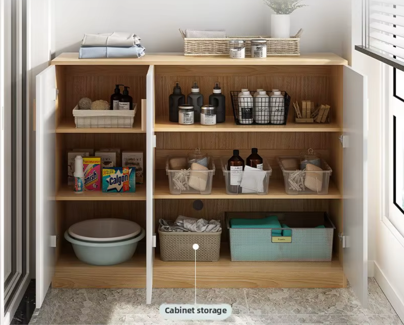 Modern Minimalist Wood and Stainless Steel Sideboard Cabinet for Home Kitchen Living Room Apartment Wall-Mounted Storage