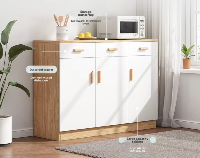 Modern Minimalist Wood and Stainless Steel Sideboard Cabinet for Home Kitchen Living Room Apartment Wall-Mounted Storage