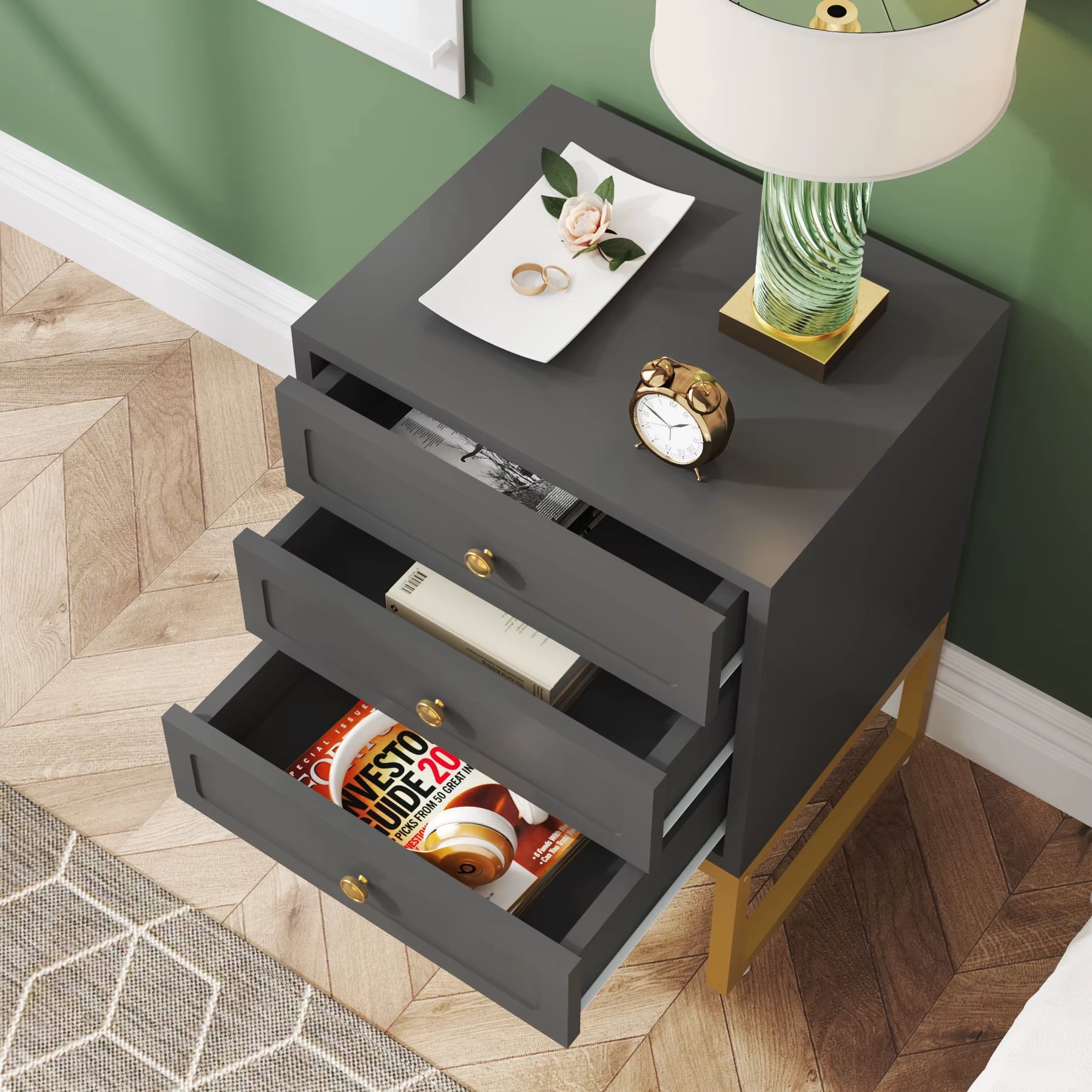 Tribesigns Modern Minimalist Luxury European Style Wood Night Stand Bedside Table Gray for Bedroom Furniture