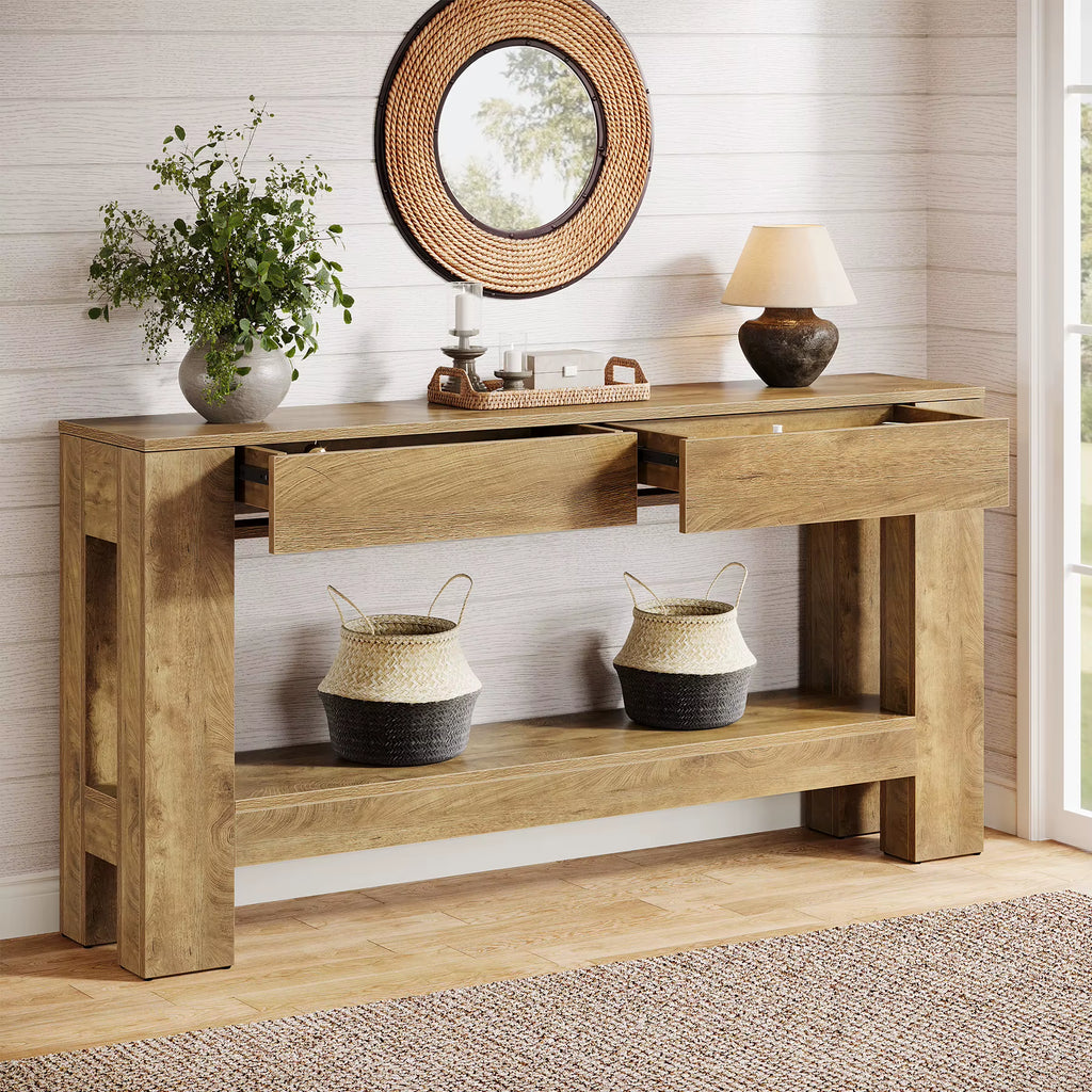 Hallway Living Room 2 Drawers Furniture Minimalism Wooden Console Table Wood Console Table with Two Drawers