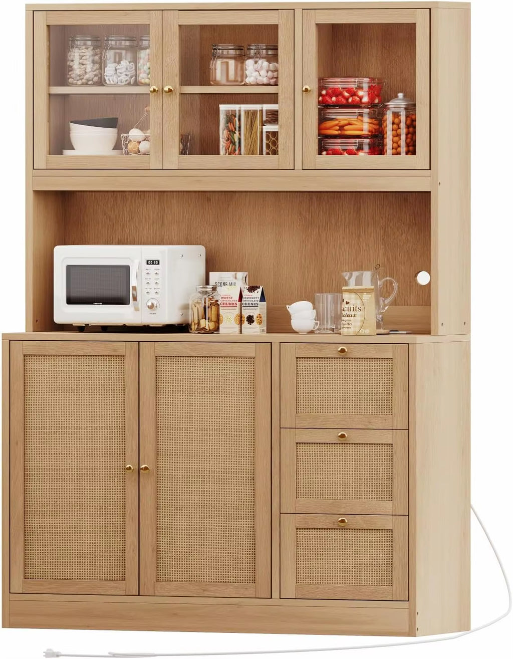 Solid Wood Modern Storage Cabinet with Microwave Stand & Charging Station 5+ Drawers Glass Doors-Living Room Furniture