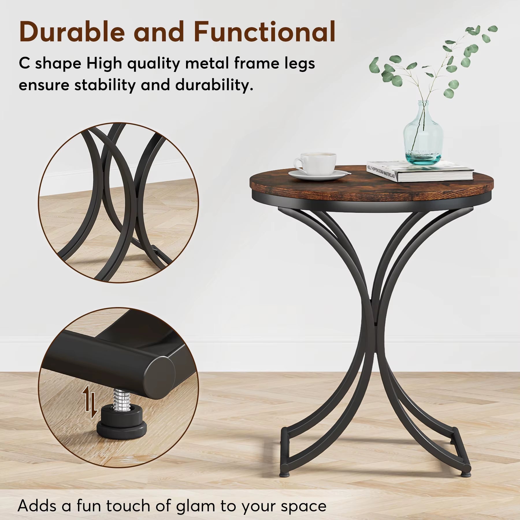 Tribesigns Modern Accent Decor Wood Rustic Brown 50 Cm C-Shaped Corner Sofa Side Table round for Living Room