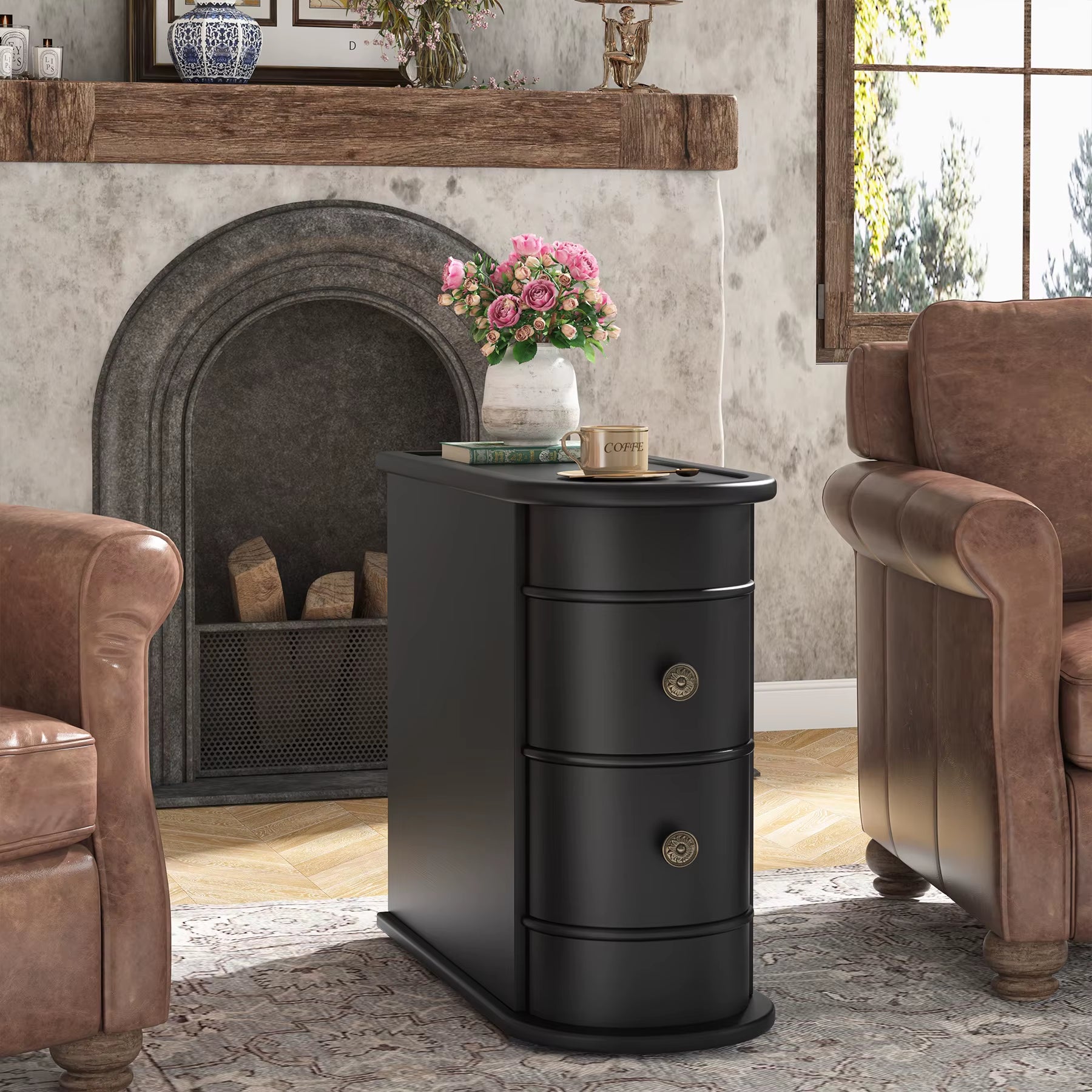 Tribesigns High End Luxury Solid Wood Fully Assemble Narrow 2-Drawers Wooden Small Sofa Black Side Table for Living Room