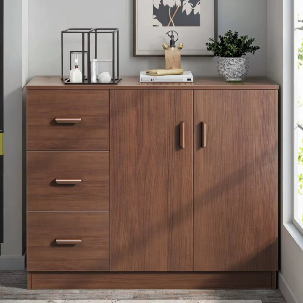 Modern Minimalist Wood and Stainless Steel Sideboard Cabinet for Home Kitchen Living Room Apartment Wall-Mounted Storage