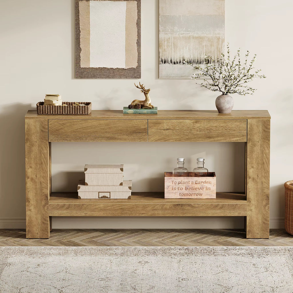 Hallway Living Room 2 Drawers Furniture Minimalism Wooden Console Table Wood Console Table with Two Drawers