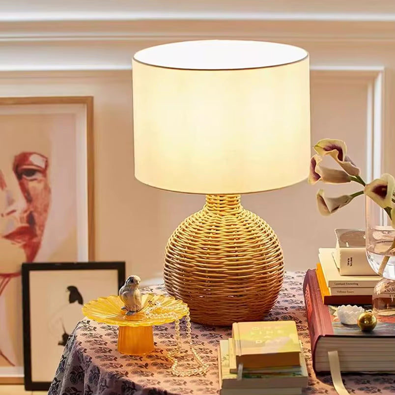 Japanese Rattan Desk Lamp Bedroom Headboard Rattan Woven Atmosphere Fabric Table Lamp
