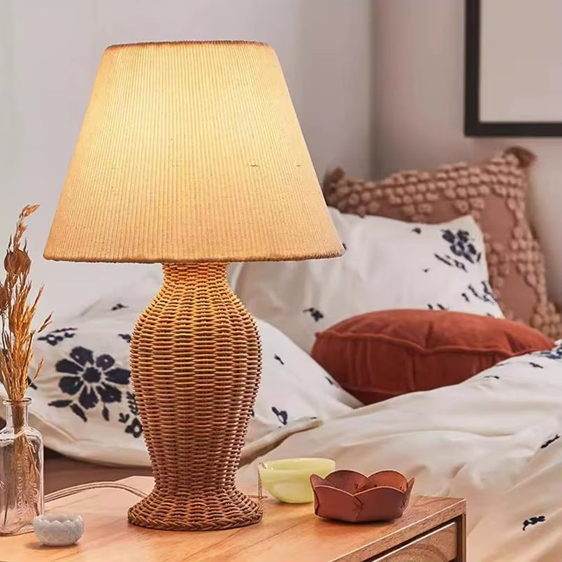Japanese Rattan Desk Lamp Bedroom Headboard Rattan Woven Atmosphere Fabric Table Lamp
