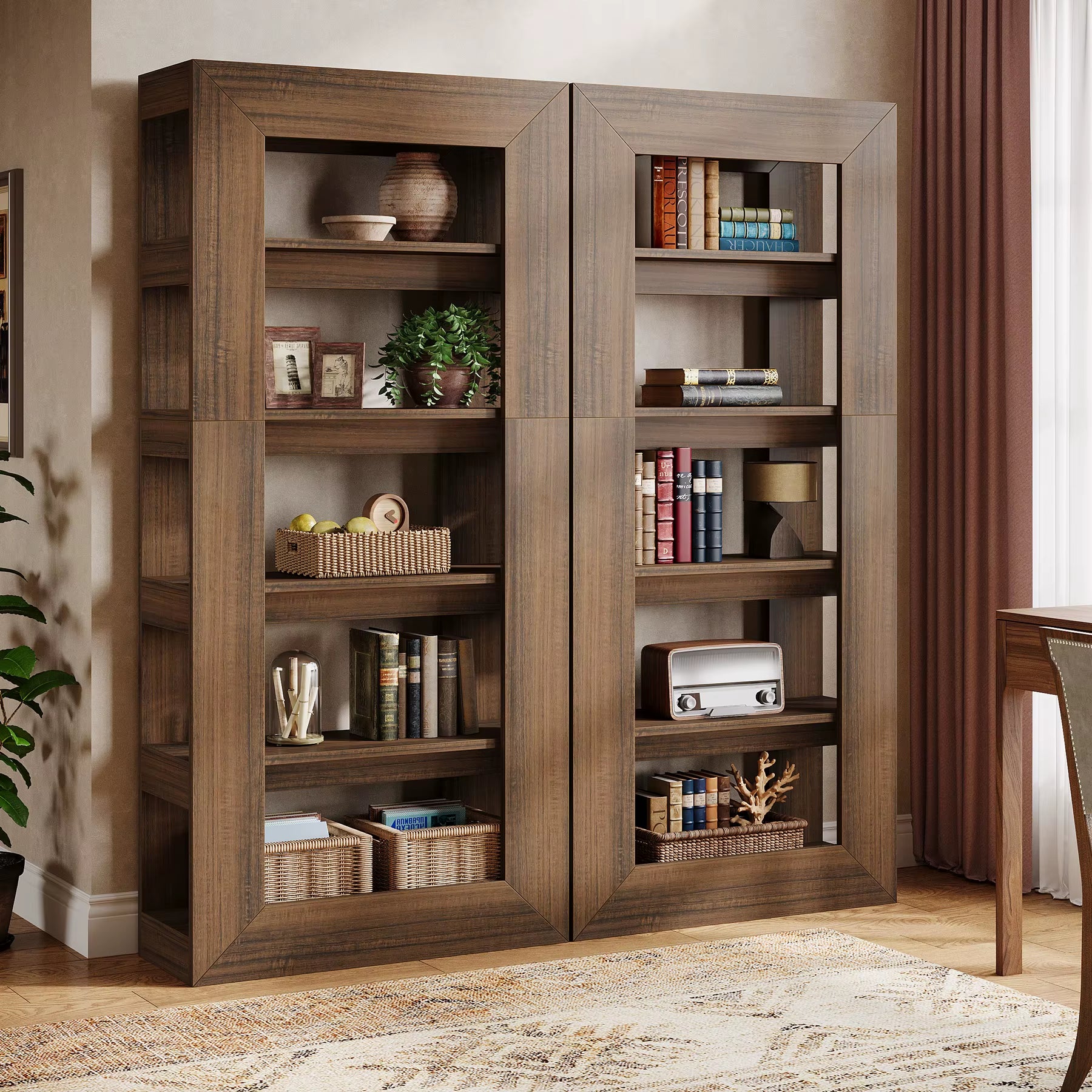 70.9" Tall Farmhouse Bookcase, Rustic Open Book Shelf, Vintage Brown Bookcase, Freestanding Storage Display Shelves