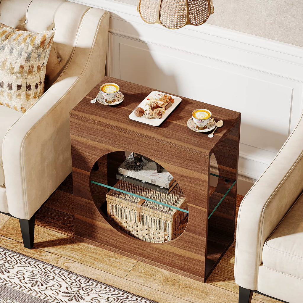 Tribesignss Modern End Table Living Room, 3-Tier Skinny Narrow Sofa Side Table with Adjustable Tempered Glass Storage Shelf