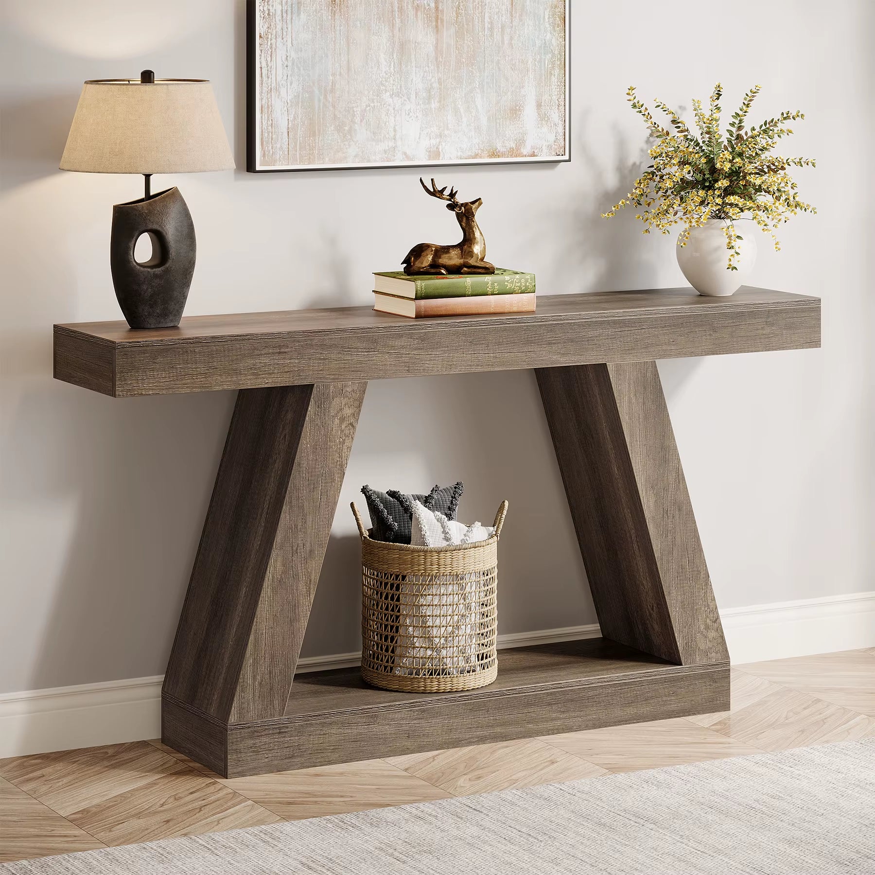 2-Tiers Form Frame Storage Console Table Wooden Designer Side Table for Living Room Entryway Hallway Hotel Grey