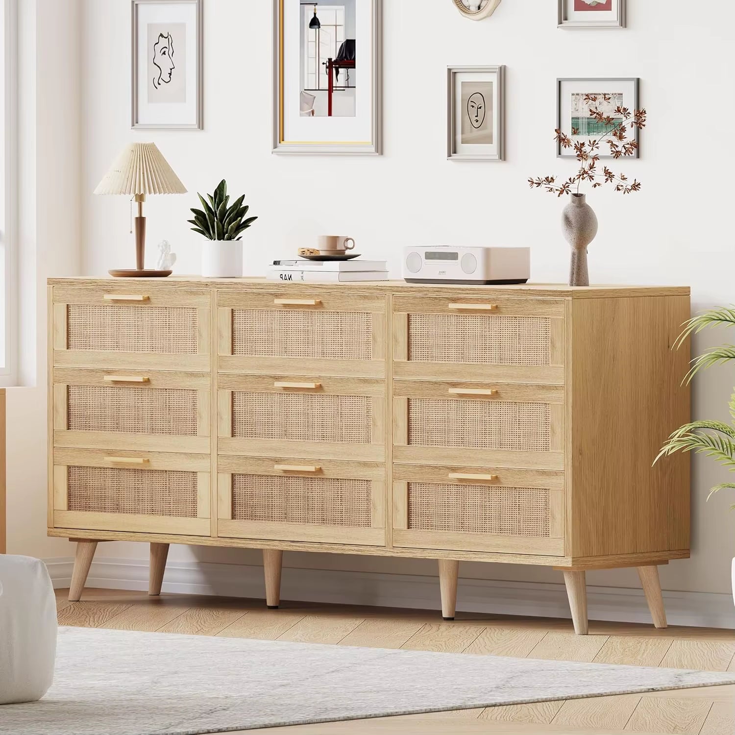 Large Capacity 9-Drawer Dresser Modern Wooden with Golden Handles Foldable for Bedroom or Warehouse Use