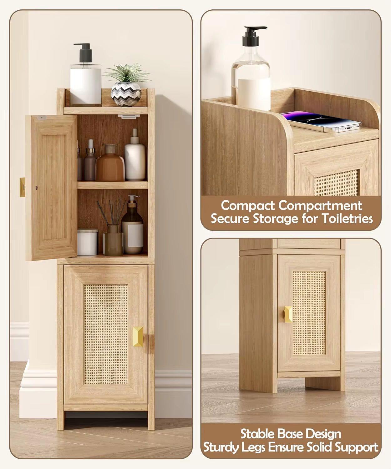 Natural Oak Wooden Bathroom Furniture Small 2-Door Narrow Toilet Paper Storage Organizer Outdoor Suitable Bathroom Cabinet