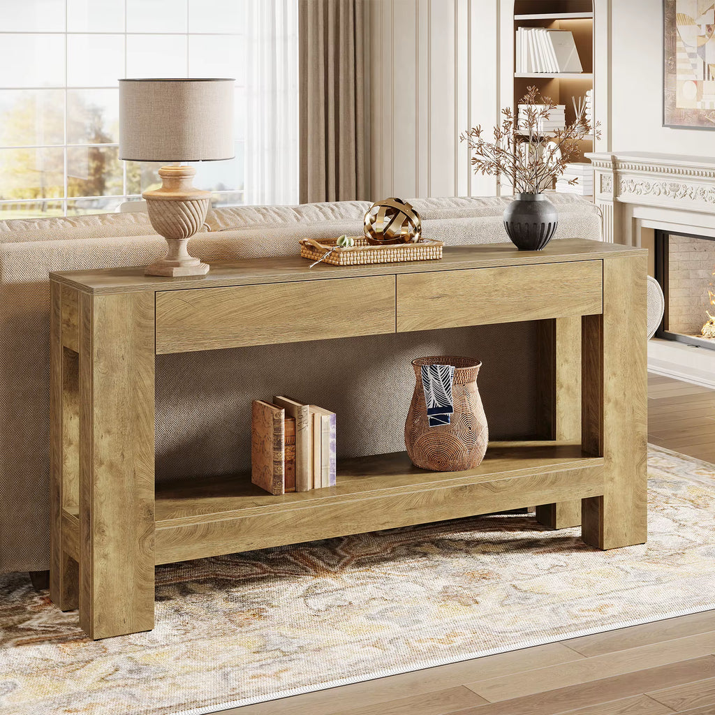 Tribesigns Console Table with 2 Drawers, 2-Tier Wooden Sofa Table behind Couch, Farmhouse Entryway Console with Storage Shelf