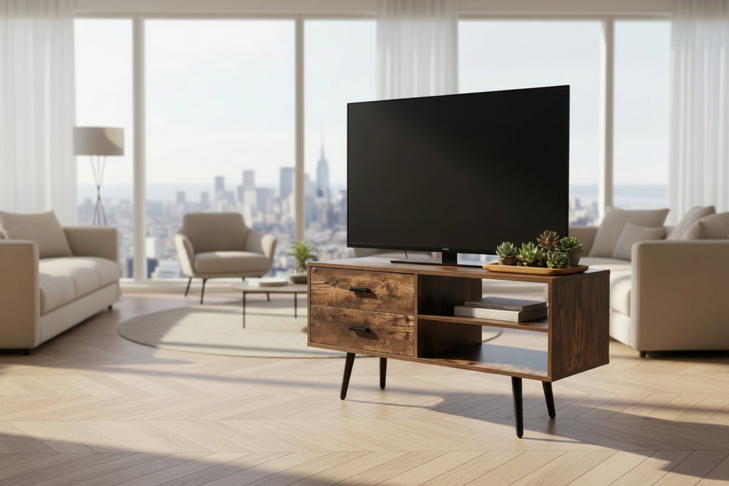 Nordic Style Wood Panel TV Stand Home Office Furniture with Metal Legs Storage Shelves for Living Room Use