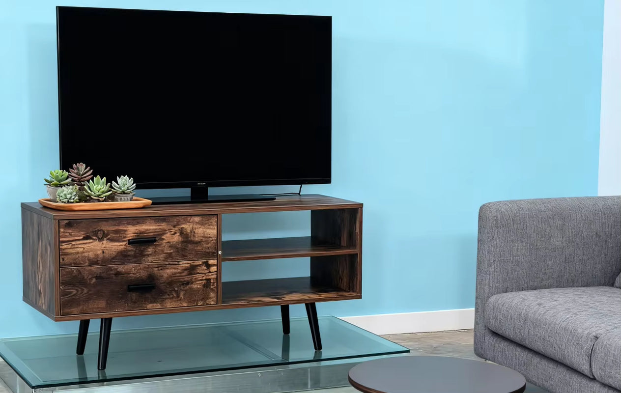 Nordic Style Wood Panel TV Stand Home Office Furniture with Metal Legs Storage Shelves for Living Room Use