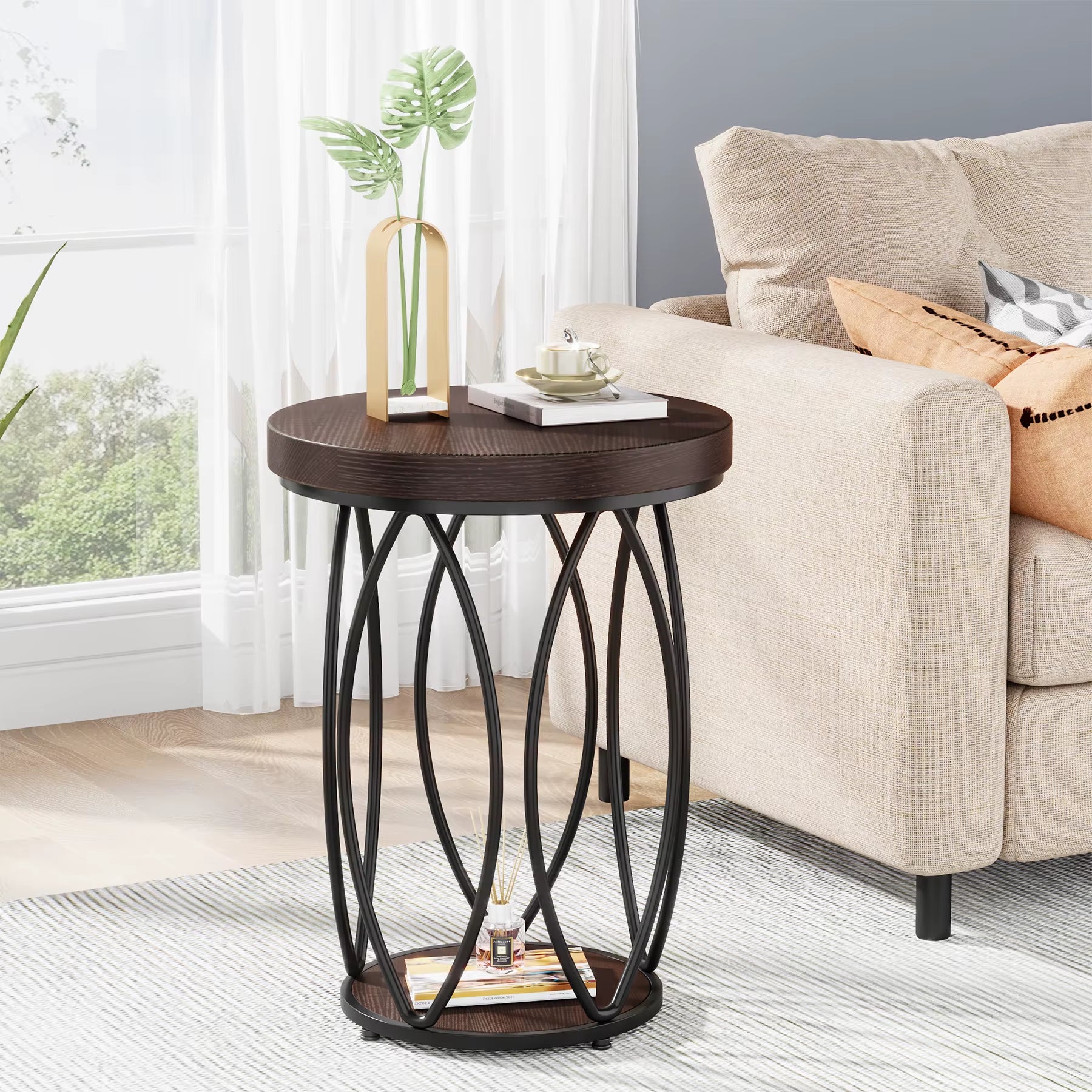 Tribesigns Home Furniture Unique Modern Accent Vintage Brown round Wooden Side Table for Living Room Sofa