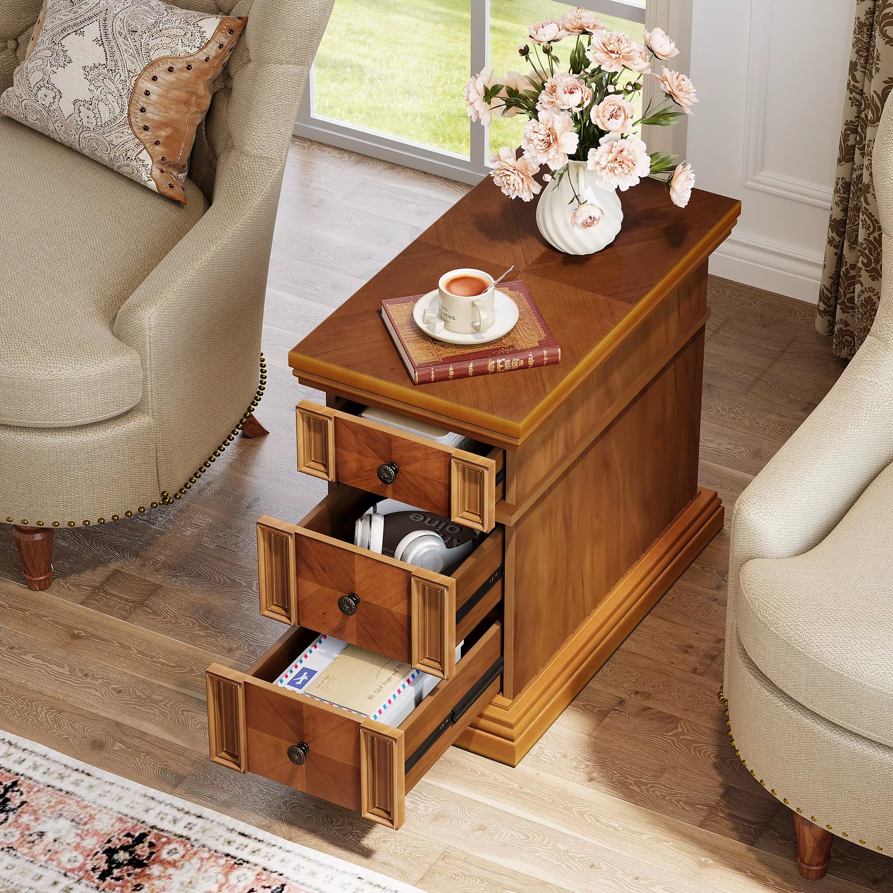 Tribesigns Narrow End Table with 3 Drawers, Vintage Walnut Sofa Side Table, Wooden Rectangular Bedside Table Slim Nightstand