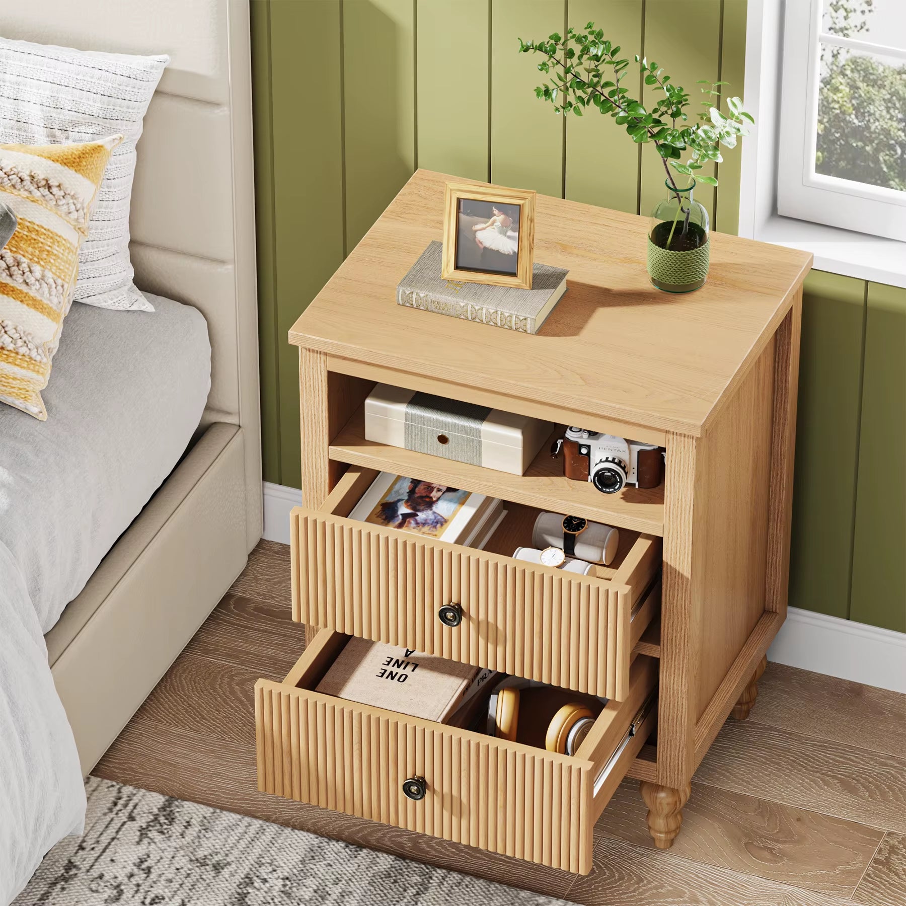 Tribesigns 2 Drawers Nightstand Bedside Table Modern Side End Table for Living Room Bedroom Sets Wooden Nightstands