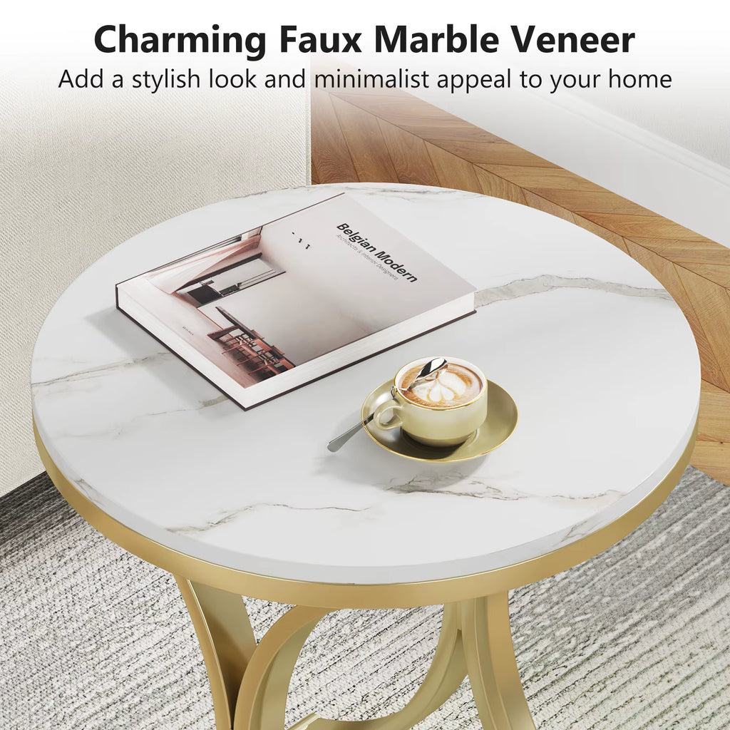 Tribesigns Modern Accent Small round Wood White Gold Marble Side Table for Living Room Sofa Couch