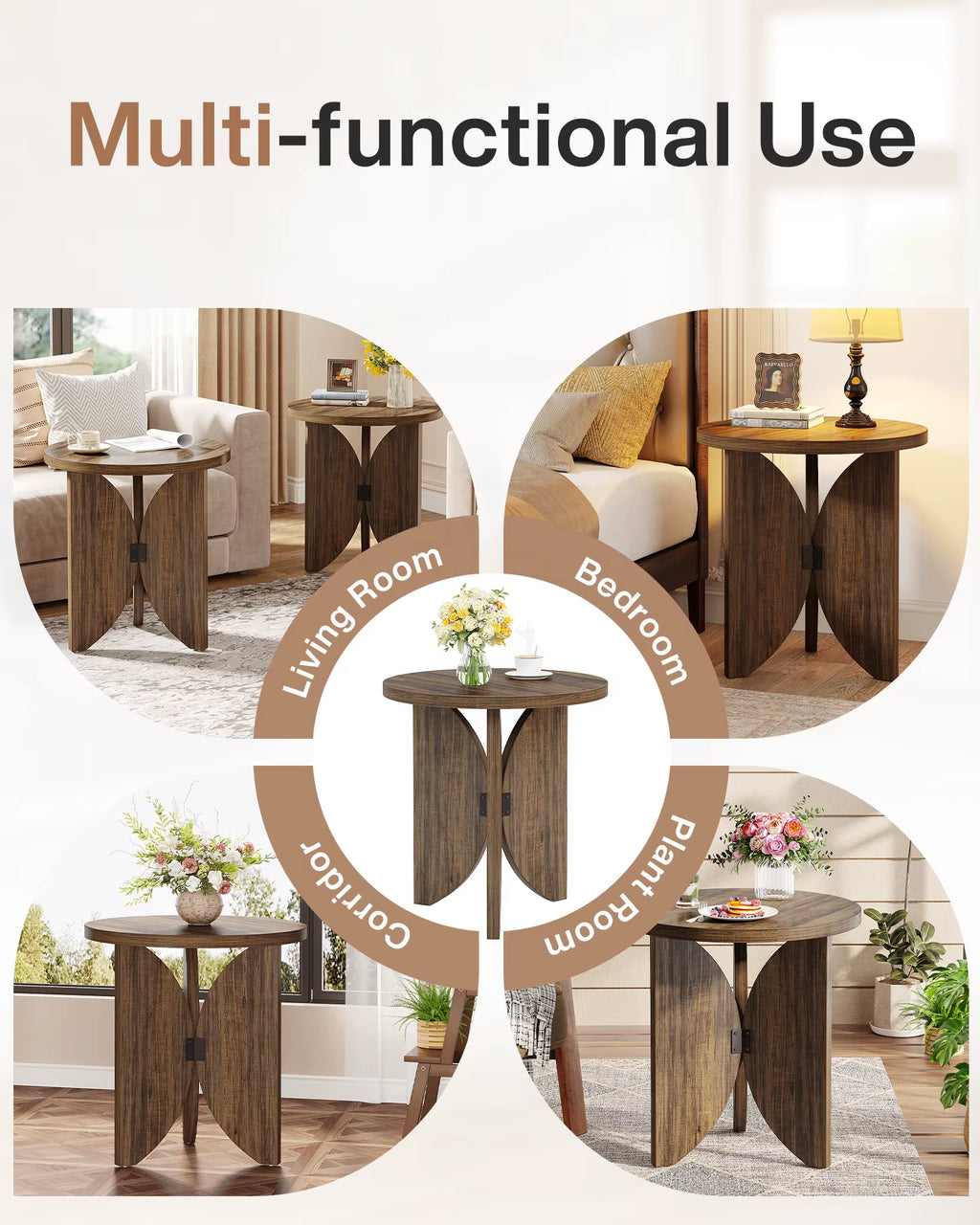 New End Table for Living Room 19.69-Inch round Side Table Set of 2 Wood Chairside Snack Table for Sofa Couch