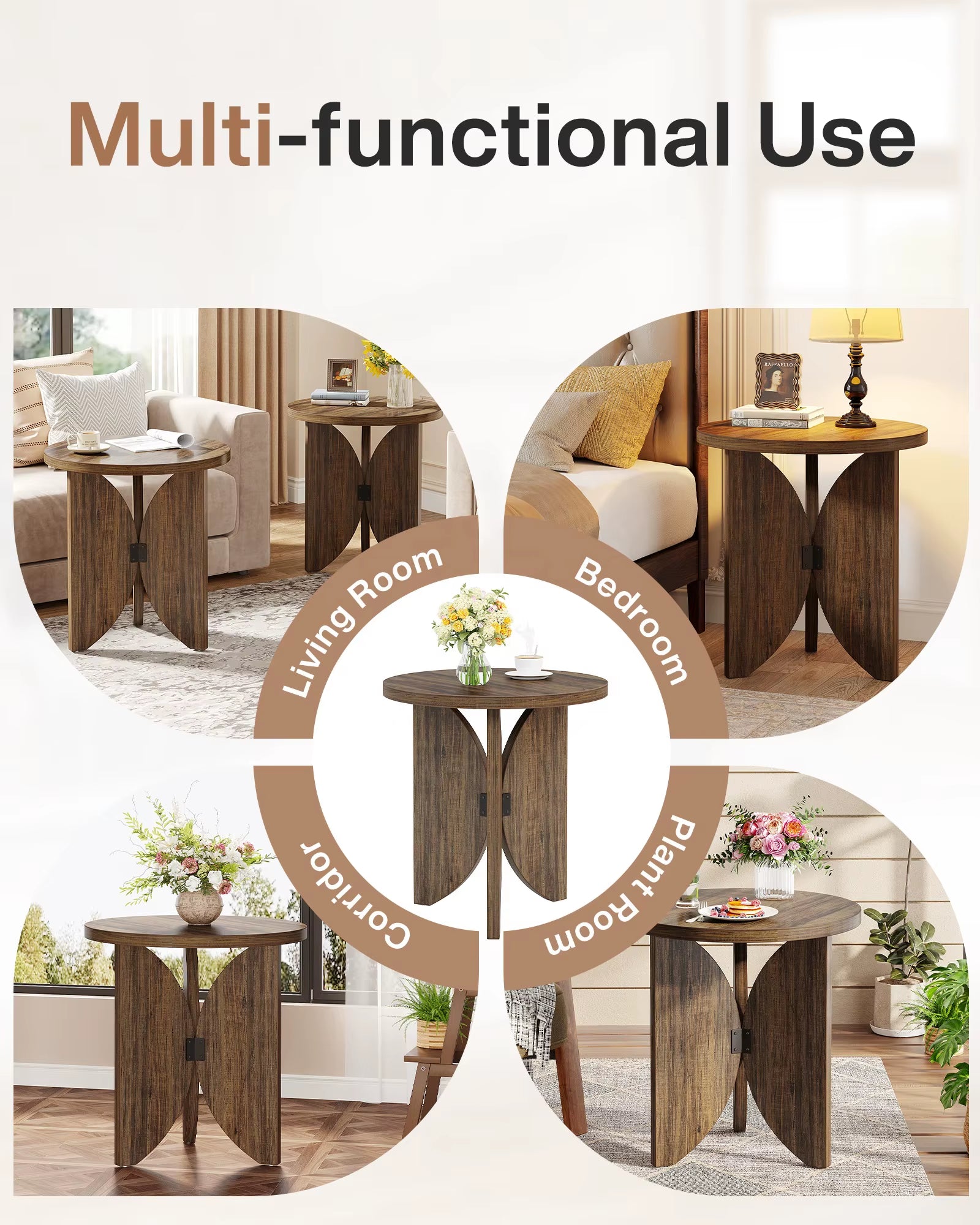 New End Table for Living Room 19.69-Inch round Side Table Set of 2 Wood Chairside Snack Table for Sofa Couch