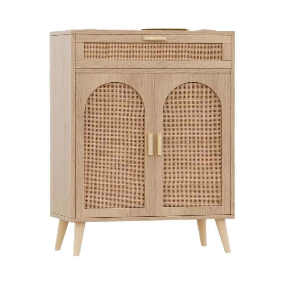 Boho Style Natural Wood Sideboard Cabinet Rattan Accents Coffee Bar Credenzas Accent Drawer for Home Furniture Living Room