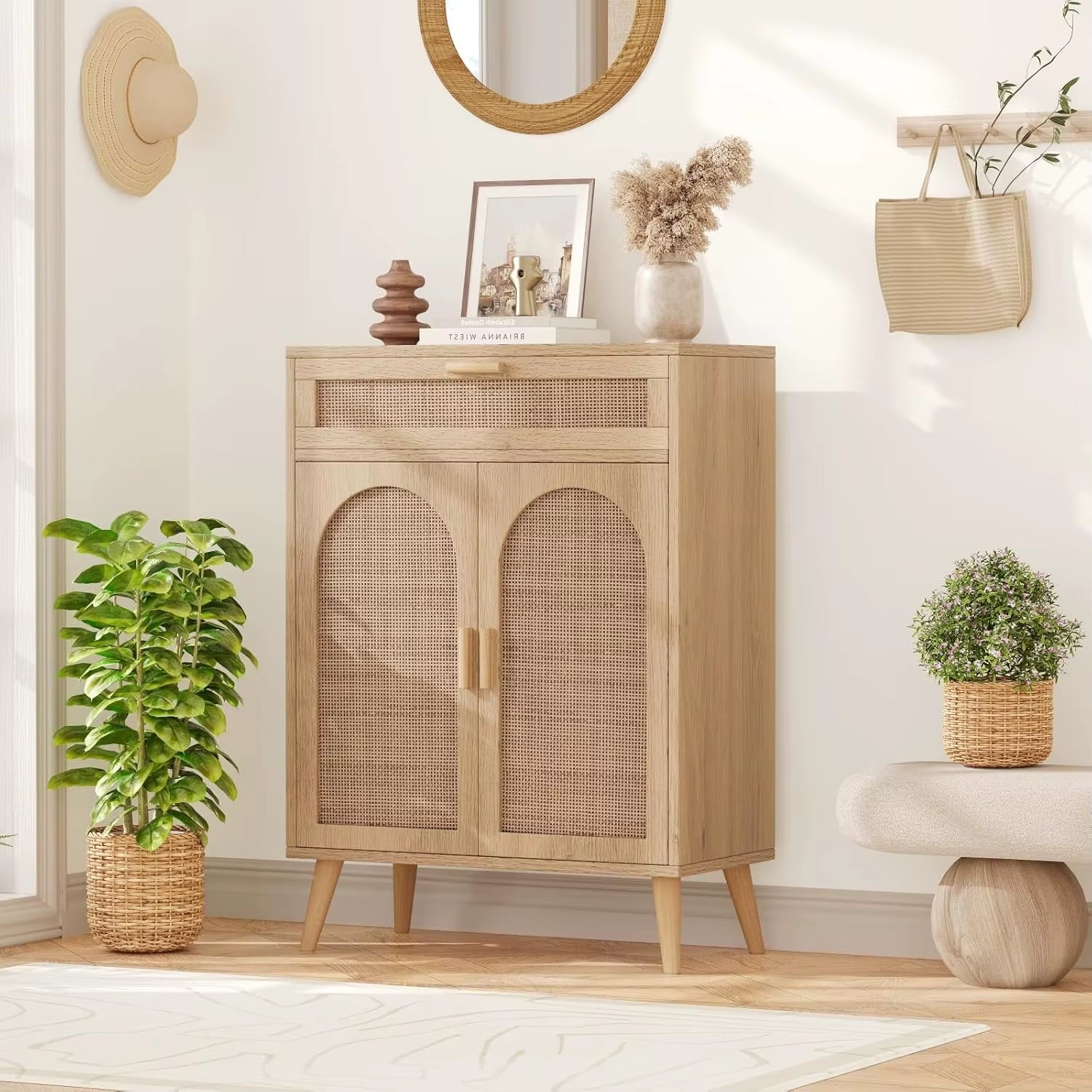 Boho Style Natural Wood Sideboard Cabinet Rattan Accents Coffee Bar Credenzas Accent Drawer for Home Furniture Living Room