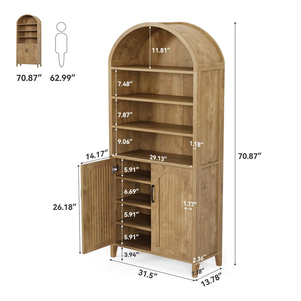 Tribesigns 70.9 Inches Tall Arched Bookcase, 8-Tier Bookshelf with Doors & Adjustable Shelves, Farmhouse Big Bookcase