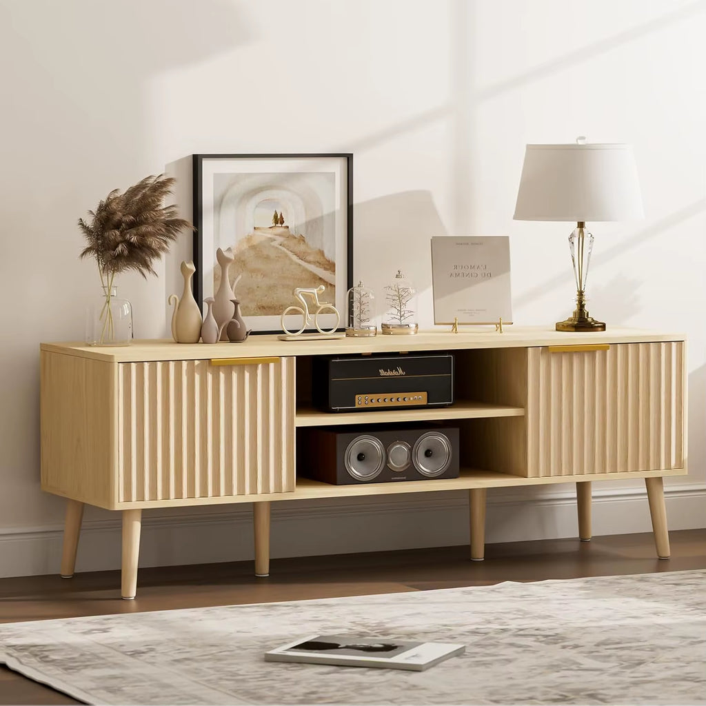 Modern TV Stand Living Room Entertainment Center 55-59 Inch Tvs Media Console Fluted Door Panels Open Shelves Oak