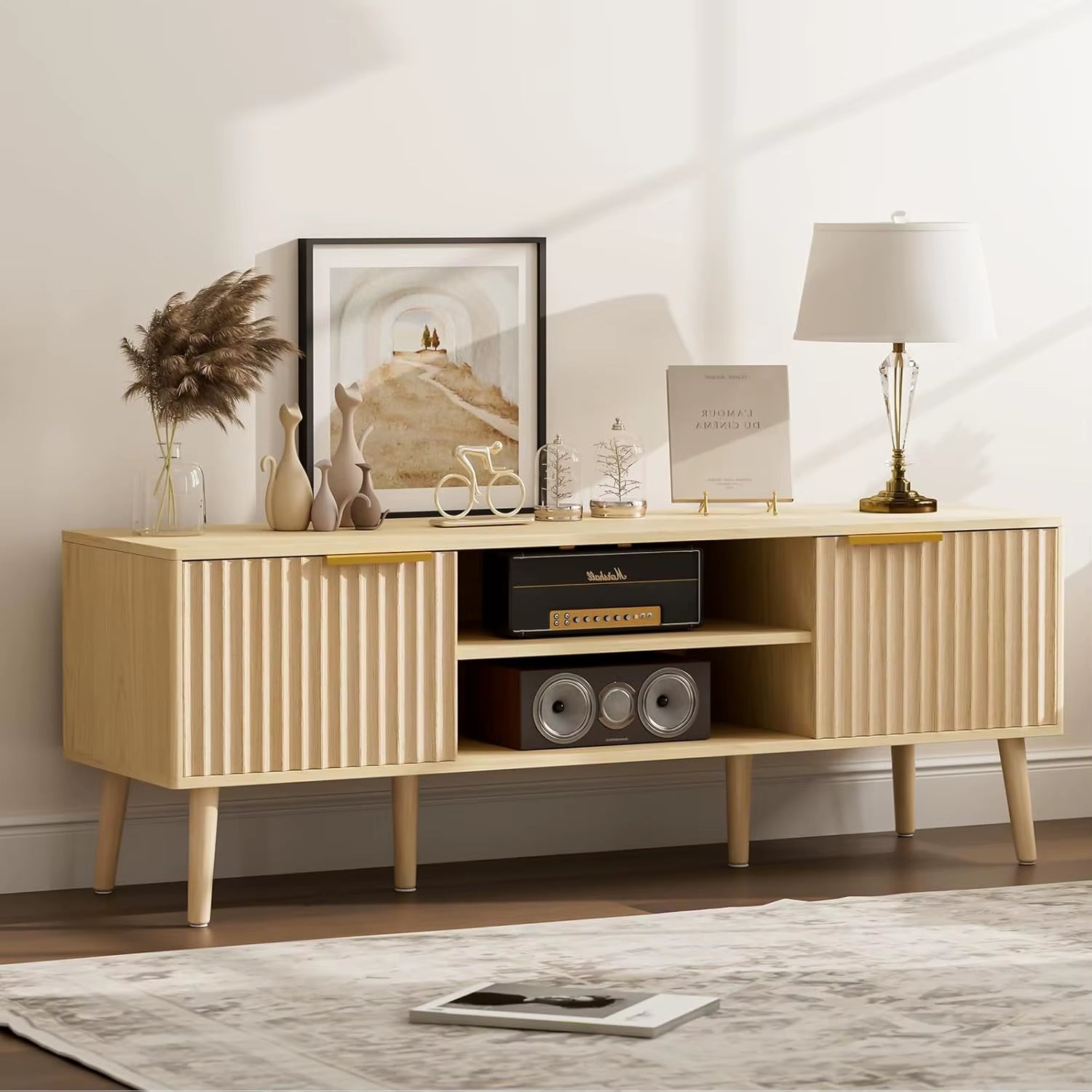 Modern TV Stand Living Room Entertainment Center 55-59 Inch Tvs Media Console Fluted Door Panels Open Shelves Oak