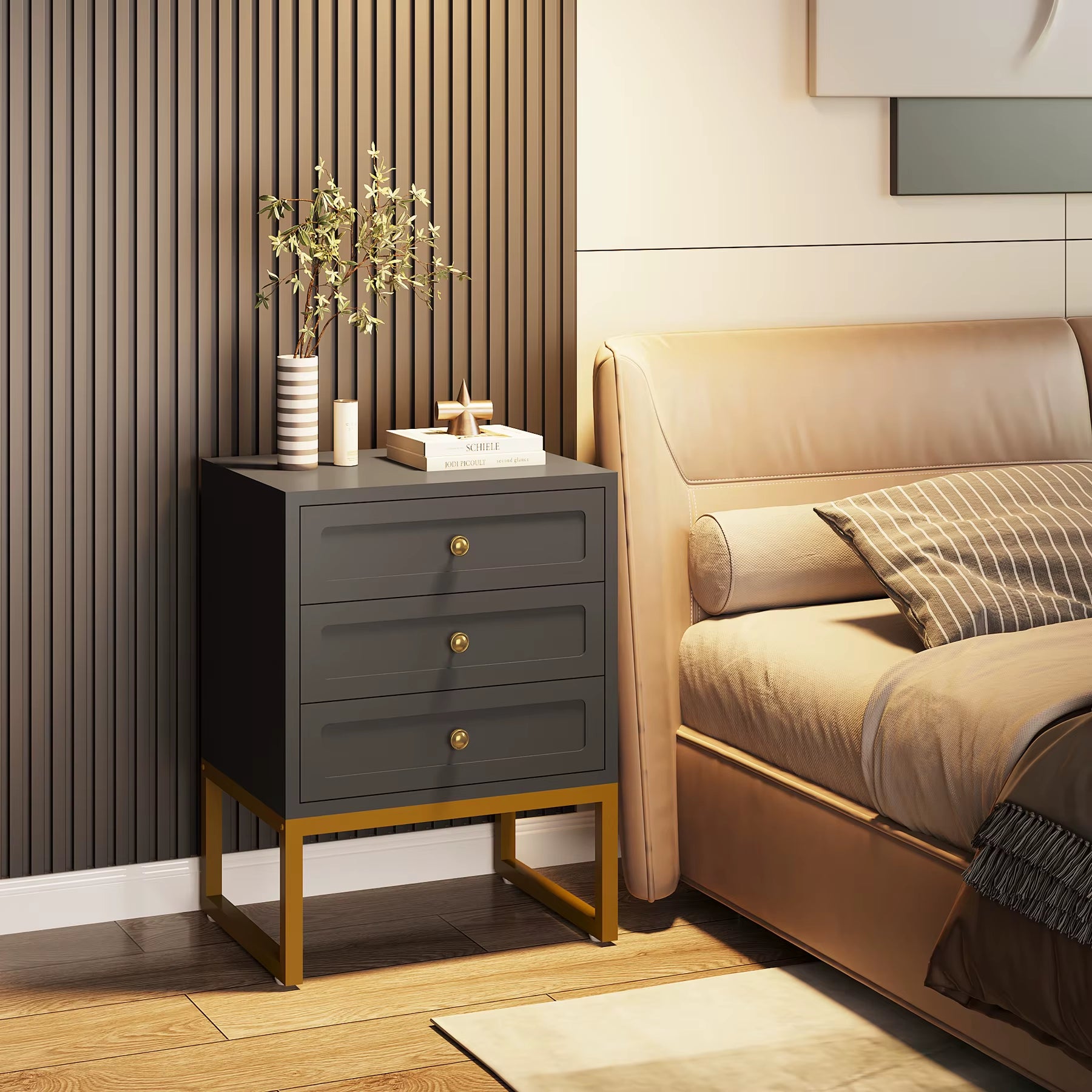 Tribesigns Modern Minimalist Luxury European Style Wood Night Stand Bedside Table Gray for Bedroom Furniture