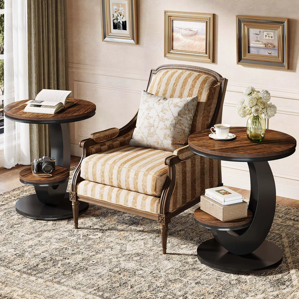 Round End Table, 2 Tiers Side Table with Storage Shelf, Sofa Side Bedside Nightstand with Rustic Wood and Metal Arc-Shaped Frame
