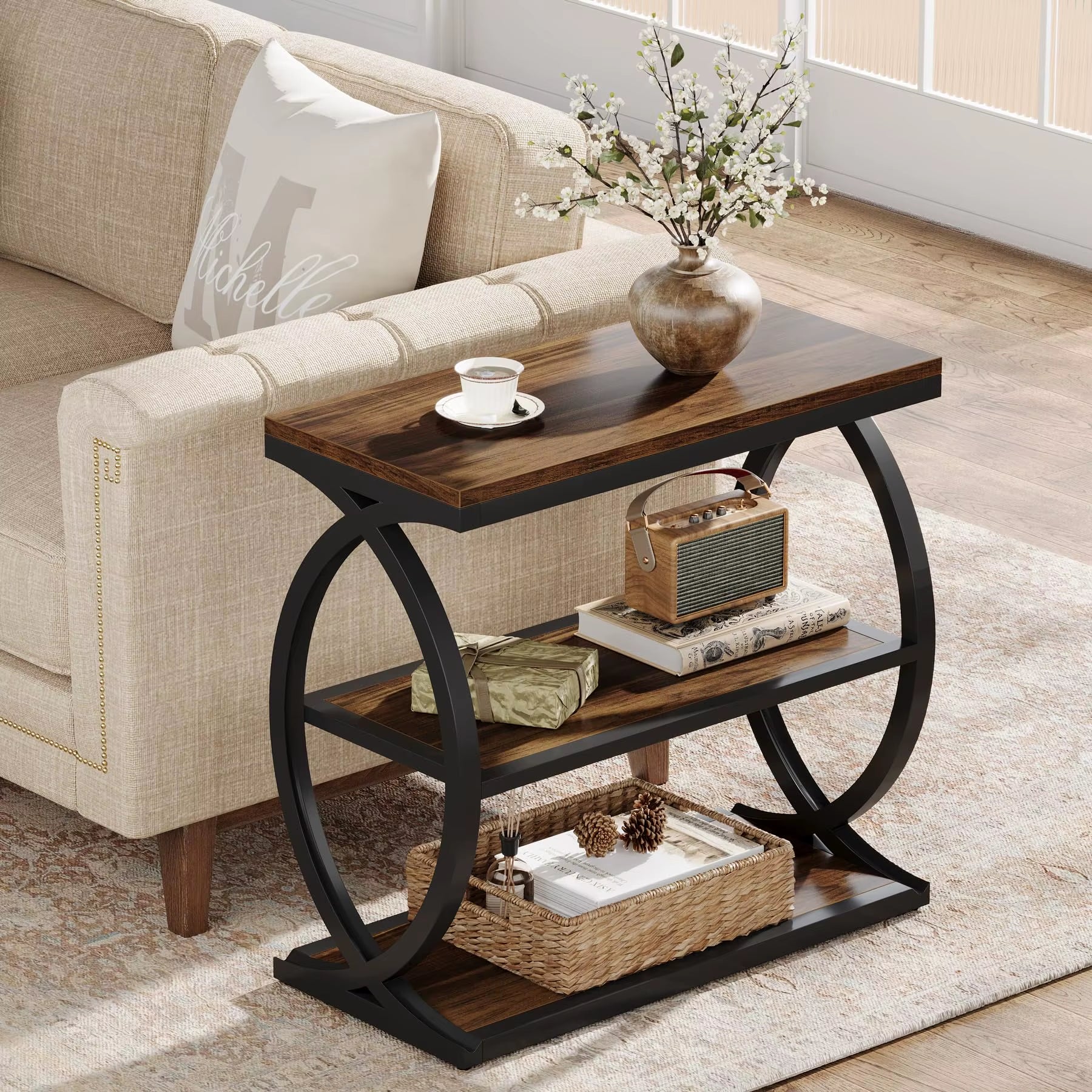 Tribesigns Narrow 3-Tier End Table for Living Room, Industrial Wooden Side Table with Metal Frame, Small Bedside Nightstand